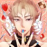  bad_id bad_pixiv_id blonde_hair checkerboard_cookie cookie dio_brando food fork fruit highres jojo_no_kimyou_na_bouken male_focus nail_polish piko_(gomoku) red_eyes solo strawberry 