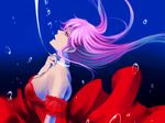  air_bubble alternate_costume bare_shoulders breasts bubble bubble_blowing choker detached_sleeves dress floating_hair from_side gradient gradient_background long_hair looking_up medium_breasts megurine_luka nijiri_fumi open_mouth piapro pink_hair red_dress ribbon ribbon_choker solo underwater vocaloid water 