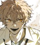 1boy :d absurdres bishounen character_name close-up crossed_bangs double-parted_bangs earrings ensemble_stars! fangs grey_hair highres jangchajsam jewelry looking_to_the_side male_focus ogami_koga open_collar open_mouth orange_eyes pale_color portrait shirt short_hair sidelighting sideways_glance single_earring smile solo straight-on teeth tongue tsurime twitter_username unkempt v-shaped_eyebrows white_shirt wing_collar 