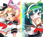  bad_id bad_pixiv_id beatmania beatmania_iidx blonde_hair bow character_request flat_chest food food_in_mouth fried_egg green_hair hair_bow hairband headphones mei_(meiko22) mouth_hold multiple_girls red_eyes school_uniform serafuku toast toast_in_mouth 