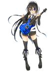  belt beltskirt black_hair black_legwear blue_eyes boots detached_sleeves electric_guitar eyebrows_visible_through_hair full_body guitar hair_between_eyes highres instrument knee_boots long_hair looking_at_viewer necktie original paul_reed_smith shiny shiny_skin simple_background solo standing thighhighs ukeuke white_background 