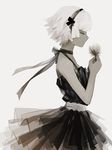  black_rock_shooter closed_eyes dress flower hair_ribbon profile ribbon rukun00 short_hair simple_background solo strength_(black_rock_shooter) white_hair 