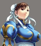  breasts brown_eyes brown_hair bun_cover china_dress chinese_clothes chun-li double_bun dress earrings jewelry large_breasts lips ryourou_(edexigerero) short_hair solo street_fighter 