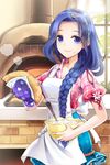 apron blue_eyes blue_hair bowl braid ddonko food food_on_face hairband heart heart_print icing jamie_(sword_girls) long_hair mixing_bowl oven oven_mitts plaid puffy_short_sleeves puffy_sleeves short_sleeves smile solo sword_girls 