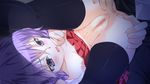  1girl blush censored eleonora_vletoblood game_cg hinasaki maternity_monsters!_~dekichaimashita!~ nipples purple_eyes purple_hair thighhighs 