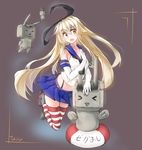  ascot blonde_hair blush bow detached_sleeves fang g-string hair_bow hair_ornament kantai_collection long_hair panties pleated_skirt ribbon sailor_collar shimakaze_(kantai_collection) skirt socks solo striped striped_legwear thighhighs thong tilt-shift underwear very_long_hair yellow_eyes 