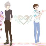  blue_eyes bouquet brown_hair casual chocolate_bar earphones fish flower gift grey_hair hands_in_pockets heart ikari_shinji ks53 male_focus multiple_boys nagisa_kaworu neon_genesis_evangelion red_eyes single_earphone_removed 