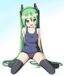  arms_behind_back black_legwear blush breasts colorized green_eyes green_hair hatsune_miku highres hoshino_sora long_hair looking_at_viewer one-piece_swimsuit open_mouth school_swimsuit small_breasts smile solo swimsuit thighhighs twintails very_long_hair vocaloid 