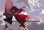  1girl bangs bird black_pants blue_sky brown_hair cloud coat dove eyes_closed fence head_out_of_frame highres holding hug long_hair original out_of_frame pants red_coat red_neckwear redum4 shirt sky white_shirt 