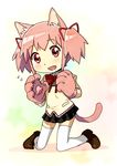  animal_ears bad_id bad_pixiv_id cat_ears cat_paws cat_tail fang hair_ribbon kaname_madoka kemonomimi_mode loafers mahou_shoujo_madoka_magica paws pink_eyes pink_hair ribbon school_uniform shoes short_twintails smile solo tail thighhighs twintails yoplait zettai_ryouiki 
