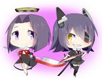  bad_id bad_pixiv_id chibi eyepatch glaive grin kantai_collection katori_(quietude) lowres mechanical_halo multiple_girls polearm purple_eyes purple_hair ribbon school_uniform short_hair smile sword tatsuta_(kantai_collection) tenryuu_(kantai_collection) weapon yellow_eyes 