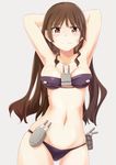  armpits arms_up ashigara_(kantai_collection) bandeau bikini blush body_writing brown_hair character_name cowboy_shot highres kantai_collection long_hair looking_at_viewer navel purple_bikini red_eyes silver_background simple_background skindentation solo suzumeko swimsuit turret 