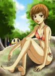  :d barefoot bikini breasts brown_eyes brown_hair cleavage covered_nipples crossed_legs day forest front-tie_top hanzou kuma_(persona_4) looking_at_viewer medium_breasts nature navel open_mouth outdoors persona persona_4 rock satonaka_chie short_hair side-tie_bikini sitting sitting_on_rock smile soles solo swimsuit tree 