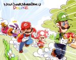  /\/\/\ 2girls 3boys blonde_hair blue_sky braid brown_hair chasing cloud copyright_name crying dress emphasis_lines facial_hair fleeing flower gloves green_shirt hat long_hair looking_back luigi mario mario_(series) multiple_boys multiple_girls mustache nabbit new_super_mario_bros._u_deluxe nintendo nowitsevenhotter overalls princess_peach red_hat red_shirt running sack shirt sky super_crown sweat toadette twin_braids vest white_gloves 