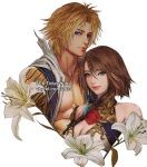  1boy 1girl alternate_costume bare_shoulders beads blonde_hair blue_eyes breasts brown_hair character_name cleavage cleavage_cutout closed_mouth clothing_cutout commentary cropped_torso dated detached_sleeves final_fantasy final_fantasy_x flower green_eyes hair_beads hair_between_eyes hair_ornament heterochromia light_smile lily_(flower) lips looking_at_viewer medium_breasts muscular muscular_male parted_bangs pectorals short_hair tidus upper_body vhyrel web_address white_background white_flower yuna_(ff10) 