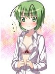  antennae blush bra dress_shirt green_eyes green_hair nakamura_kusata shirt short_hair solo sweat touhou underwear undressing upper_body wriggle_nightbug 