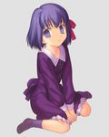  1girl artist_request child empty_eyes fate/zero fate_(series) hair_ribbon matching_hair/eyes matou_sakura purple_eyes purple_hair ribbon simple_background sitting skirt solo wariza young younger 