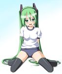  arms_behind_back black_legwear blush breasts colorized green_eyes green_hair hatsune_miku highres hoshino_sora long_hair looking_at_viewer open_mouth small_breasts smile solo thighhighs twintails very_long_hair vocaloid 