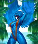  anthro avian beak bikini bird breasts clothed clothing feathered_wings feathers female open_mouth outside piratefoxbox sling_bikini solo standing swimsuit thigh_gap tweetfur wide_hips wings 
