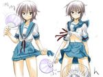  brown_eyes electric_fan fan fanning_crotch glasses grey_hair kita_high_school_uniform maguta multiple_views nagato_yuki school_uniform serafuku short_hair suzumiya_haruhi_no_yuuutsu 