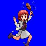  arm_garter blue_background formal horikawa_raiko jacket mitsudomoe_(shape) necktie ninniku_(ninnniku105) open_clothes open_jacket open_mouth purple_neckwear rattle_drum red_eyes red_hair running short_hair simple_background skirt smile solo tomoe_(symbol) touhou 