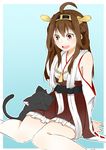  bad_id bad_pixiv_id belt black_cat brown_eyes brown_hair cat hairband kantai_collection katori_(quietude) kongou_(kantai_collection) long_hair open_mouth ribbon smile solo 