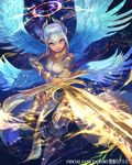  bare_shoulders breasts halo lack long_hair medium_breasts multiple_wings open_mouth original seikon_no_arcana silver_hair solo sword weapon wings yellow_eyes 
