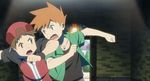  2boys angry animated animated_gif baseball_hat fighting jacket multiple_boys nintendo ookido_green pokemon pokemon:_the_origin red_(pokemon) teeth wristband 