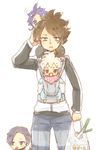  baby babywearing blue_eyes brown_eyes carrying fudou_akio hakuryuu_(inazuma_eleven) inazuma_eleven_(series) inazuma_eleven_go inazuma_eleven_go_galaxy male_focus minamisawa_atsushi multicolored_hair multiple_boys pacifier purple_eyes purple_hair red_eyes shoulder_carry spring_onion tobi_(one) two-tone_hair white_background younger yukimura_hyouga 