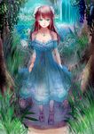  dress flower grass green_eyes hair_flower hair_ornament highres jewelry long_hair necklace original pond red_hair sandals smile solo touboku tree water 