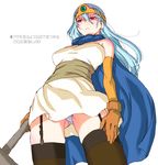  aqua_hair breasts cape circlet dragon_quest dragon_quest_iii elbow_gloves from_below garter_straps gloves large_breasts long_hair oono_tsutomu panties pantyshot pantyshot_(standing) red_eyes sage_(dq3) solo standing text_focus thighhighs translated underwear 