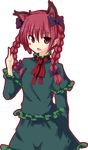  animal_ears blush_stickers bow braid cat_ears dress fang frills hair_ornament highres kaenbyou_rin long_hair open_mouth red_eyes red_hair solo tilt-shift touhou transparent_background 