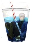  blue_eyes blue_jacket boots corss_d cup devil_may_cry drinking_straw highres jacket katana male_focus solo sword vergil water weapon white_hair 