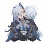  1boy 1girl absurdres ahoge ascot biting black_gloves blue_hair cheek_biting closed_eyes frilled_sleeves frills furina_(genshin_impact) genshin_impact gloves hands_up highres long_hair multicolored_hair neuvillette_(genshin_impact) pointy_ears simple_background streaked_hair thiccpuggie upper_body very_long_hair white_ascot white_background white_hair 