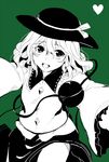  blush cowboy_shot green_background hat komeiji_koishi looking_at_viewer monochrome open_mouth simple_background smile solo spanking_momoko touhou 