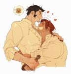  2boys @_@ arm_around_neck arms_around_waist black_hair bottle closed_eyes collared_shirt dog dracule_mihawk dress_shirt facial_hair frilled_shirt frills goatee heart highres holding holding_bottle hug image_in_thought_bubble laughing long_sleeves male_focus motion_lines multiple_boys nail_polish one_piece open_collar open_mouth red_hair scar scar_across_eye scar_on_face shanks_(one_piece) shirt sideburns simple_background thi_(just_minhthi) thought_bubble white_background white_shirt yaoi yellow_eyes 