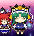  :&lt; blush bow chibi closed_eyes coin green_hair hat multiple_girls o_o onozuka_komachi red_hair rod_of_remorse scythe shiki_eiki short_hair soramame1110 touhou two_side_up 