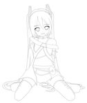  arms_behind_back collar cosplay eto eyebrows_visible_through_hair greyscale hatsune_miku headset kneeling lily_(vocaloid) lily_(vocaloid)_(cosplay) lineart long_hair looking_at_viewer monochrome navel open_mouth skirt smile solo thighhighs twintails very_long_hair vocaloid zettai_ryouiki 