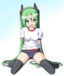  arms_behind_back black_legwear blush breasts colorized green_eyes green_hair hatsune_miku highres hoshino_sora long_hair looking_at_viewer open_mouth school_swimsuit small_breasts smile solo swimsuit swimsuit_under_clothes thighhighs twintails very_long_hair vocaloid 
