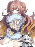  1girl animal_ears anya_melfissa anya_melfissa_(1st_costume) blonde_hair blush brown_hair character_doll fox_ears green_eyes holding holding_pillow hololive hololive_indonesia long_hair looking_at_viewer marumarl miniskirt pillow purple_eyes shirakami_fubuki simple_background skirt solo striped_clothes twintails very_long_hair virtual_youtuber white_background white_hair 