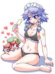  =_= blue_eyes blue_hair breasts chibi cleavage drooling ekus_(xo_ekus) food food_on_body hair_ribbon hat heart hong_meiling izayoi_sakuya maid_headdress multiple_girls navel popsicle red_hair ribbon rubbing small_breasts star sweatdrop swimsuit touhou 