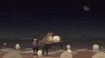  1boy beach black_pants grand_piano highres horizon instrument moon mountainous_horizon music night night_sky ocean orb original pants piano playing_instrument playing_piano redum4 sand shirt shore sky star star_(sky) starry_sky waves white_hair white_shirt 