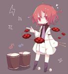  cosmicmind drum drumsticks horikawa_raiko instrument lightning mitsudomoe_(shape) musical_note necktie purple_neckwear red_eyes red_hair short_hair simple_background solo tomoe_(symbol) touhou 