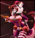 2020 2k_games anthro artist_name belt belt_buckle black_body black_eyebrows black_fur black_hair black_lips black_nose black_tail borderlands breasts brown_belt buckle bullet button_(fastener) canid canine chest_tuft cleavage clothed clothing colored cosplay demon digital_drawing_(artwork) digital_media_(artwork) ear_piercing ear_ring eye_patch eyebrows eyelashes eyeshadow eyewear female fluffy fluffy_tail fox fur grey_body grey_fur gun gun_holster hair hair_over_shoulder hand_on_hip hat headgear headwear heart_(marking) heart_eye_patch hi_res holding_gun holding_object holding_ranged_weapon holding_weapon hybrid intersex_(lore) legwear lips long_tail mad_moxxi makeup mammal markings medium_hair mole_(marking) morgan_(kojihu) multicolored_body multicolored_fur multicolored_hair pattern_clothing pattern_legwear pattern_stockings piercing purple_clothing purple_hat purple_headwear purple_shirt purple_topwear rakkyoarts ranged_weapon red_eyeshadow ring_piercing shaded shirt simple_background solo standing stockings striped_clothing striped_legwear striped_stockings stripes tail thick_bottom_lip topwear tuft two_tone_body two_tone_fur two_tone_hair weapon white_hair