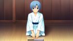  blue_hair blush game_cg green_eyes japanese_clothes kagura_kazusa kimono male_focus saimin_enbu sayori sitting solo 