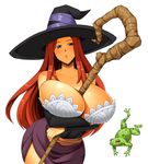 between_breasts breasts cleavage dragon's_crown frog hat huge_breasts kawanuma_uotsuri long_hair looking_at_viewer red_eyes red_hair simple_background solo sorceress_(dragon's_crown) staff white_background wide_hips witch_hat 
