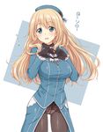  atago_(kantai_collection) bad_id bad_pixiv_id black_gloves black_legwear blonde_hair blue_eyes blue_hat blush breasts crotch_seam gloves half-skirt hariken_(hariken5) hat heart heart_hands highres kantai_collection large_breasts long_hair looking_at_viewer military military_uniform panties panties_under_pantyhose pantyhose solo translation_request underwear uniform white_panties 