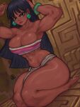 1girl absurdres armpits arms_up aztec barefoot black_hair bracelet breasts chel_(the_road_to_el_dorado) cleavage dark-skinned_female dark_skin earrings feet gabriel_ales highres jewelry kneeling large_breasts loincloth long_hair looking_at_viewer midriff navel parted_lips pelvic_curtain pink_tube_top seiza signature sitting solo strapless the_road_to_el_dorado tube_top 