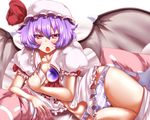  ascot bat_wings blush cameltoe chestnut_mouth hat looking_at_viewer lying midriff mob_cap no_pants on_side open_clothes open_mouth open_shirt panties pillow pink_eyes puffy_sleeves purple_hair remilia_scarlet shirt short_sleeves solo striped striped_panties touhou underwear wings zan_(harukahime) 