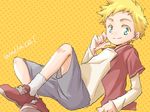  1boy blonde_hair blue_eyes digimon digimon_adventure_02 male_focus mysk918 sitting solo wallace_(digimon_adventure) yellow_background 